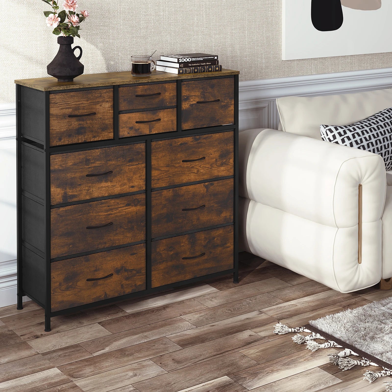 Fabric Chest of Drawers Sideboard Metal Frame Living Room Dresser Industrial Style Storage for Bedroom Hallway Cabinet Home