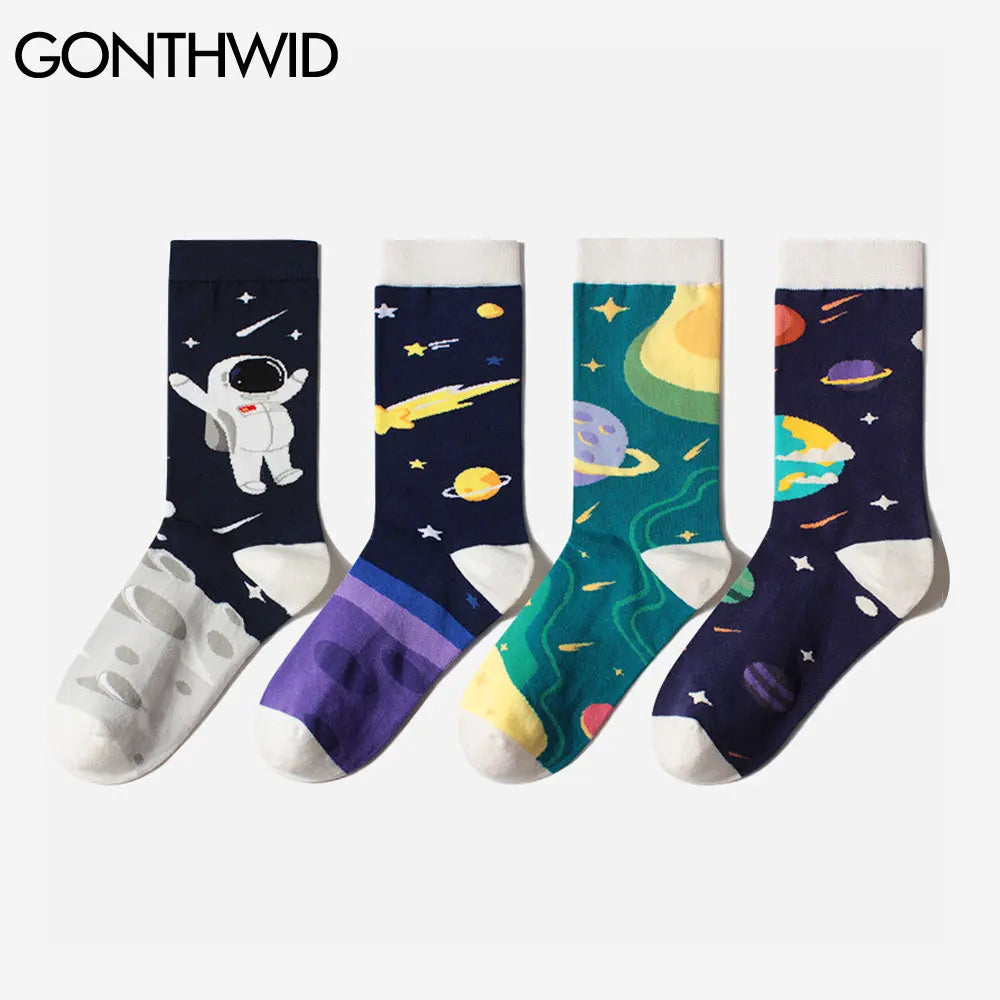 GONTHWID Creative Universe Astronaut Planets Cotton Socks Streetwear Men Women Hip Hop Harajuku Fashion Casual Skateboard Socks