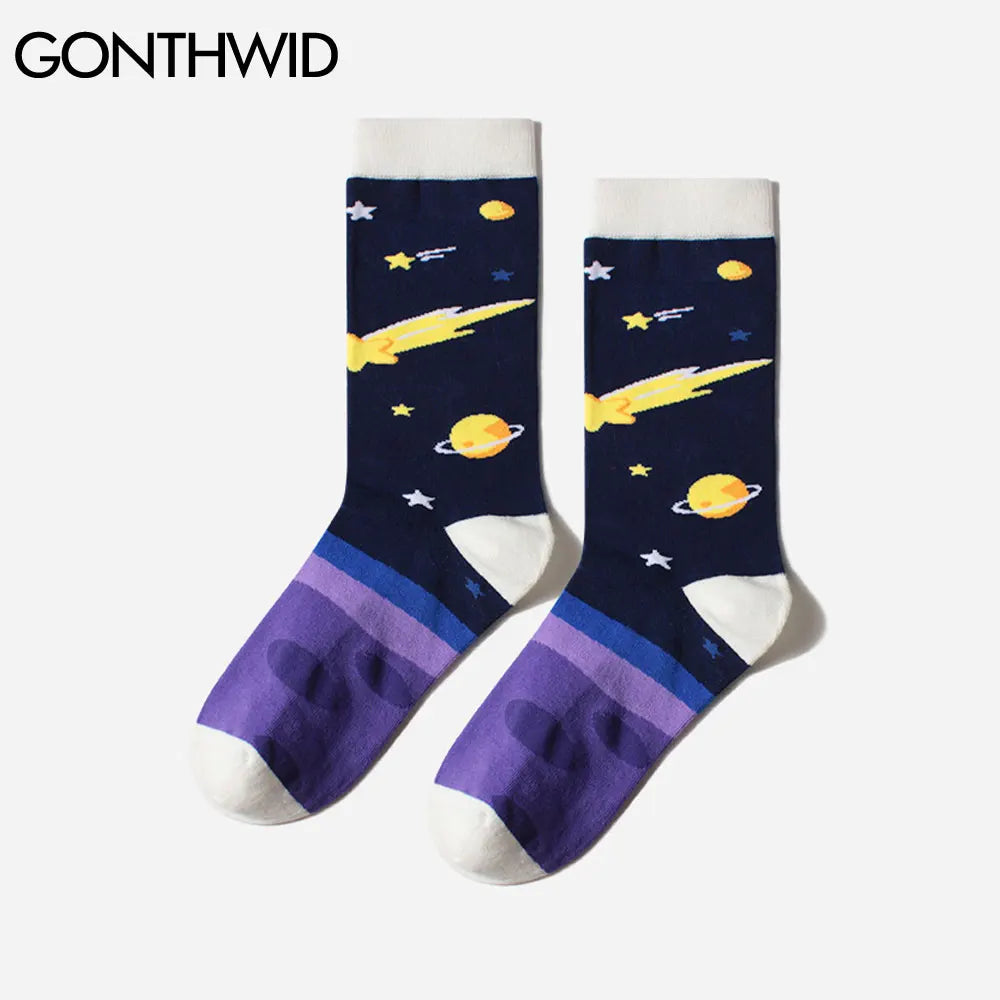 GONTHWID Creative Universe Astronaut Planets Cotton Socks Streetwear Men Women Hip Hop Harajuku Fashion Casual Skateboard Socks