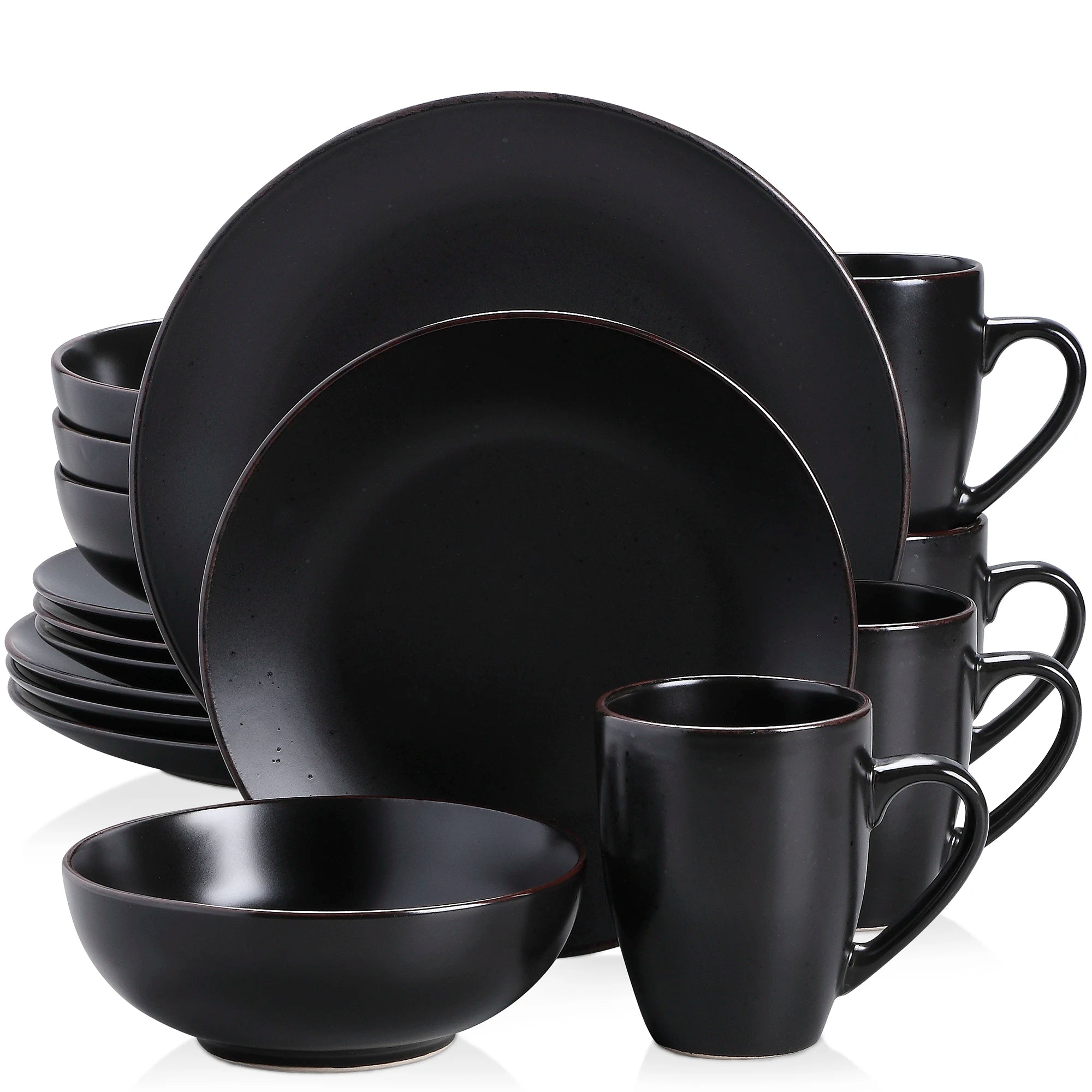 vancasso 16/32 Piece Matte Pottery Dinner Set Black Stoneware Tableware Set with 4PCS Dinner Plate,Dessert Plate,Bowls,Cups
