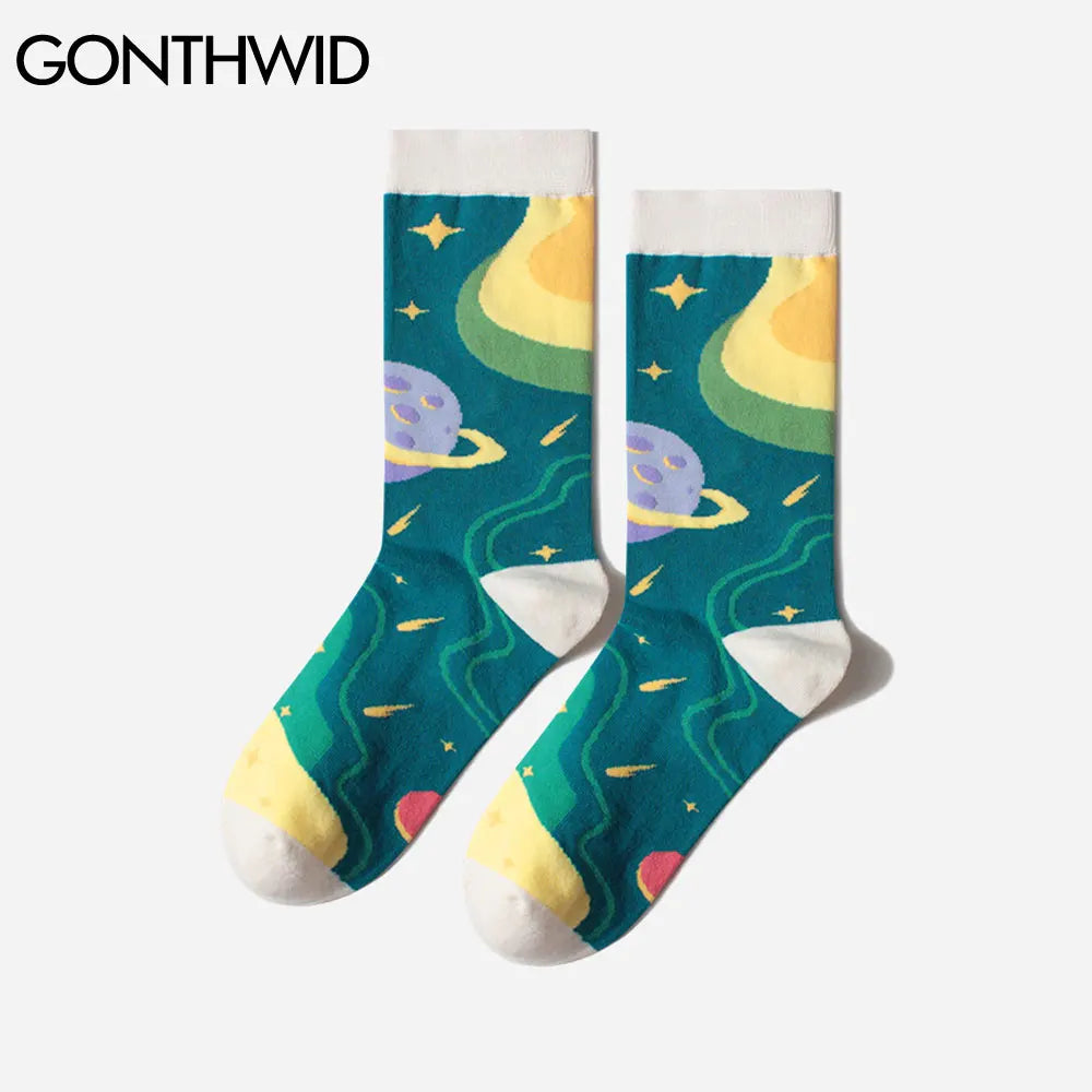 GONTHWID Creative Universe Astronaut Planets Cotton Socks Streetwear Men Women Hip Hop Harajuku Fashion Casual Skateboard Socks