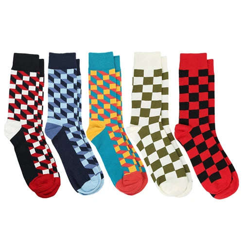 5 Pair/Lot Combed Cotton Mens Socks Happy Compression Socks Colorful Diamond Funny Dress Socks Men Big Size 39-46