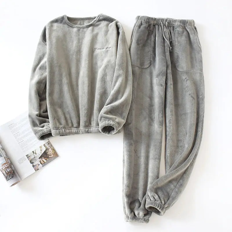 Men's Autumn And Winter New Pajamas Long-sleeved Trousers Flannel Warm Suit Plus Velvet Thickened Two-piece Home Service Men