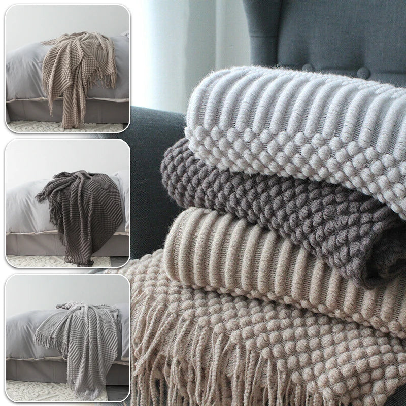 Plaid Knit Air Conditioner Cover Nap Blanket Comfortable Nordic Style Warm Tassel Solid Color Blankets For Beds Sofa