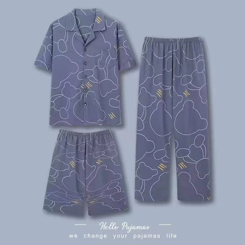 Men's Pajamas Loungewear Three-Piece Set Cotton Men's Spring and Summer Short Sleeve Shorts Trousers Thin Pajamas Loungewear Set