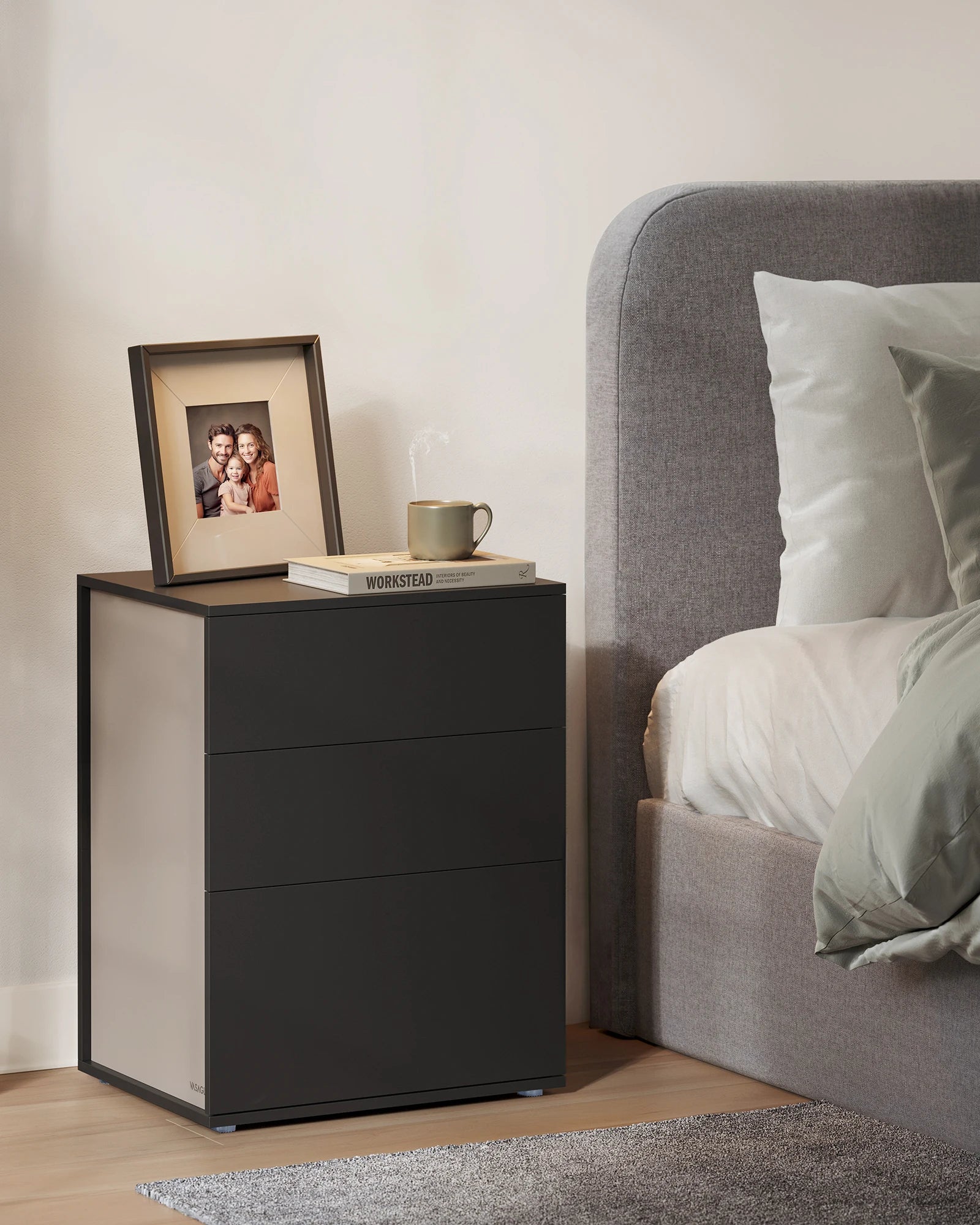 VASAGLE Bedside Table, Superfast Toolless Assembly, Nightstand with 3 Storage Drawers, Side Table, Modern Minimalist