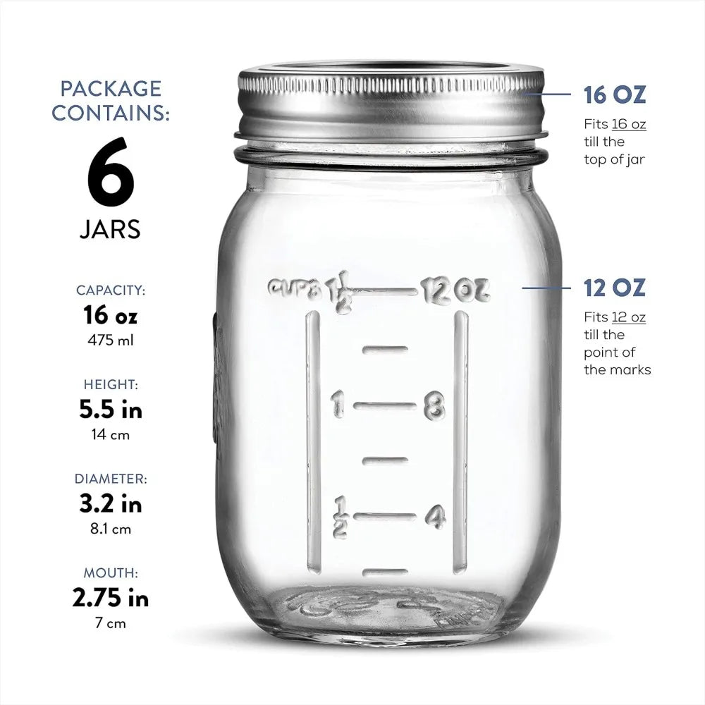 Mason Jars 473ml 6 Pack Regular Mouth Glass Jars with Lid & Seal Bands Airtight Container for Pickling Canning Candles Decor