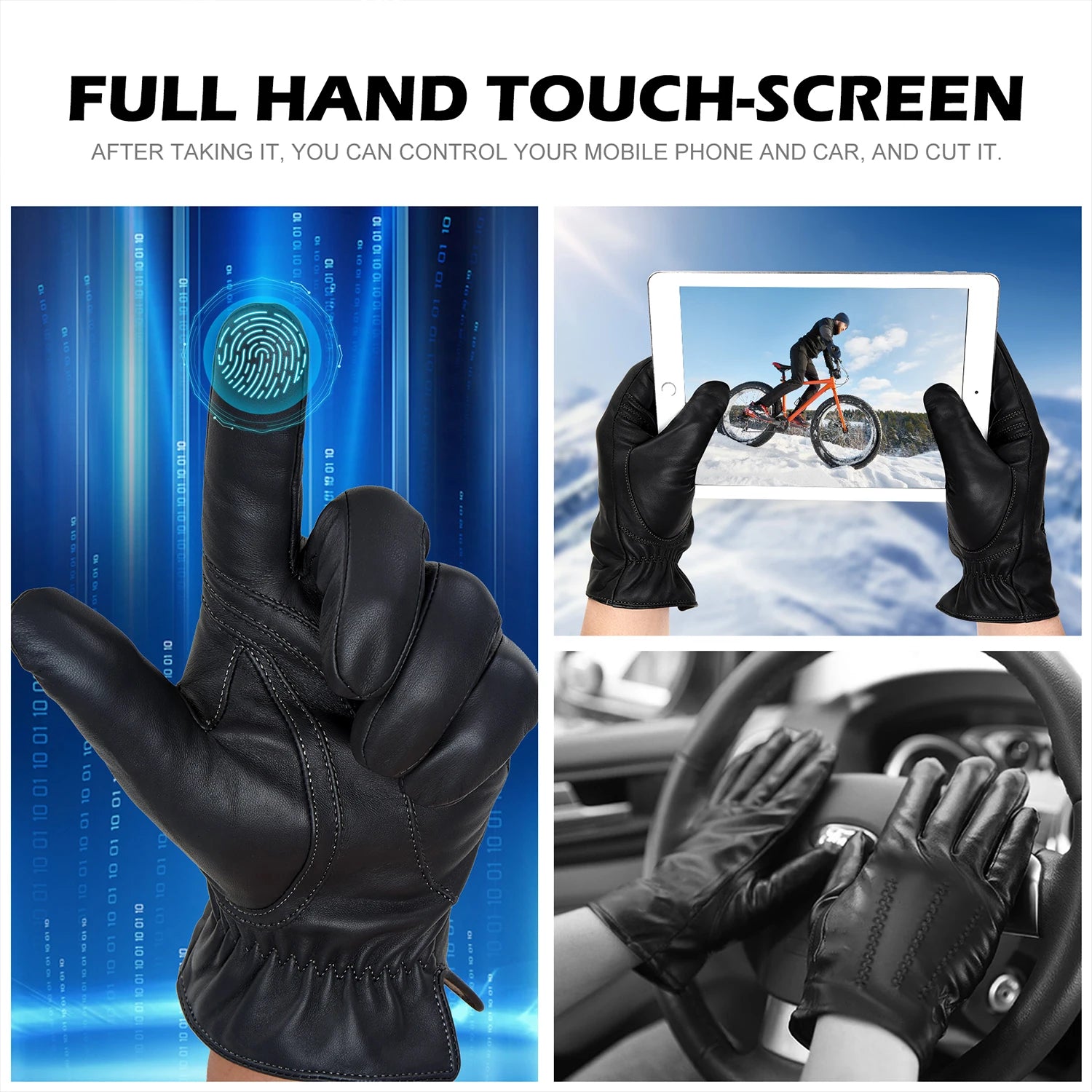 BISON DENIM Sheepskin Leather Gloves for Men Winter Warm Cashmere Lined Touchscreen Sport Gloves for Running Cycling Ski Driving