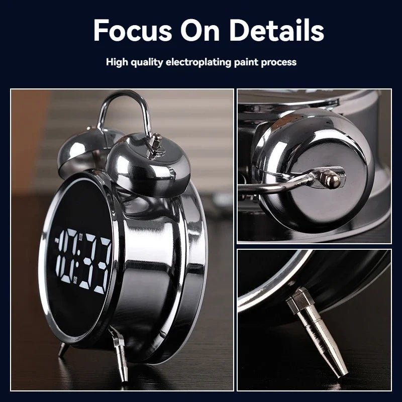 Multifunctional Extra Large Metal Alarm Clock with LED Screen Plug-In Children's Clock for Heavy Sleepers