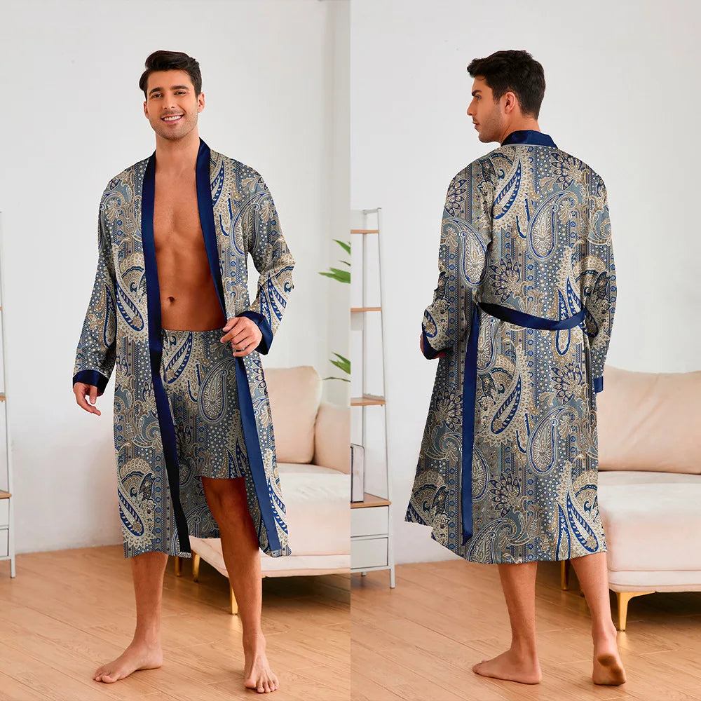 Fashion Design Pajamas Suit Men New Paisley Printed Nightgowns Long-sleeved Shorts Bathrobe Male Soft Ice silk Satin Nightwear