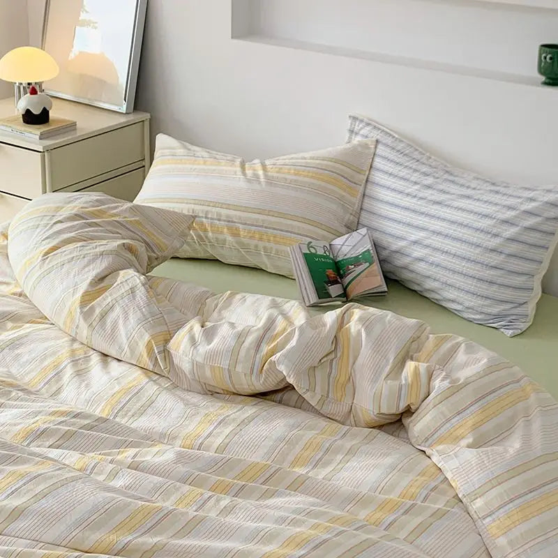 Stripes Duvet Cover Set Adults Boys Quilt Cover Bed Sheet Simple Home Bedding Soft Washed Cotton Bedclothes Single Double Size