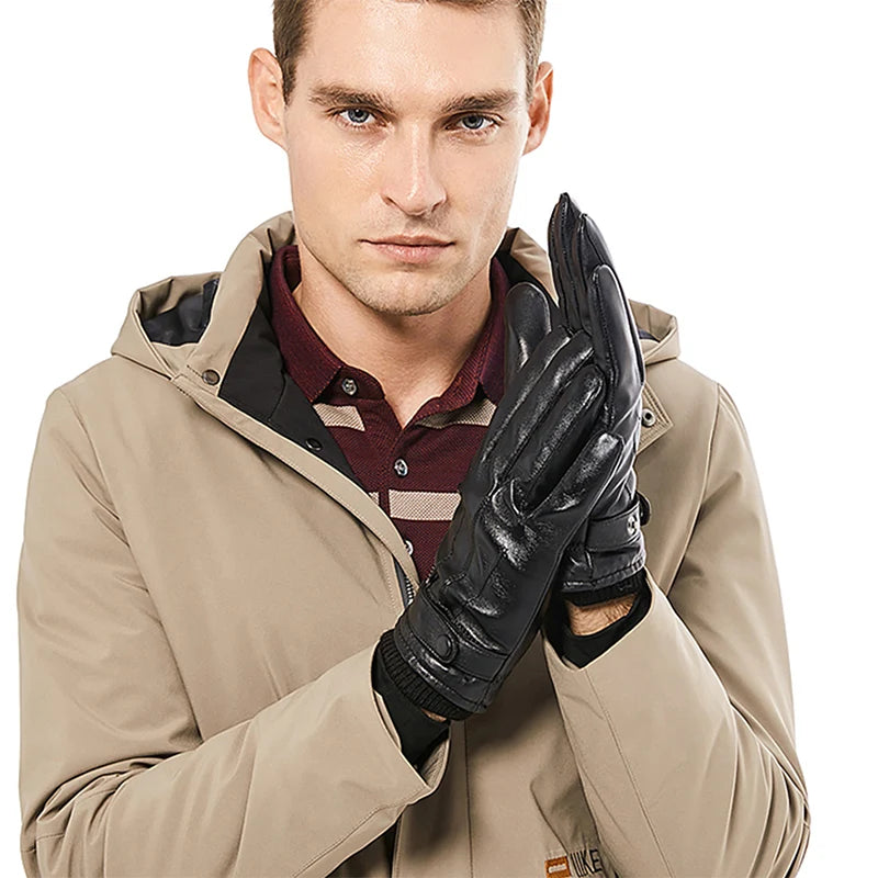 BISONDENIM New Men's Genuine Sheepskin Gloves Full Finger Touch Screen Gloves Winter Warm Fashion Business Multiple Size Options