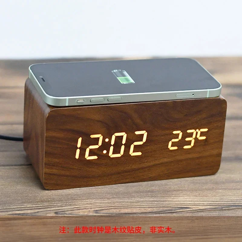 Wood-grain Electronic Desktop Clock Alarm Clock Living Room Retro Digital Log Smart Desk Clock