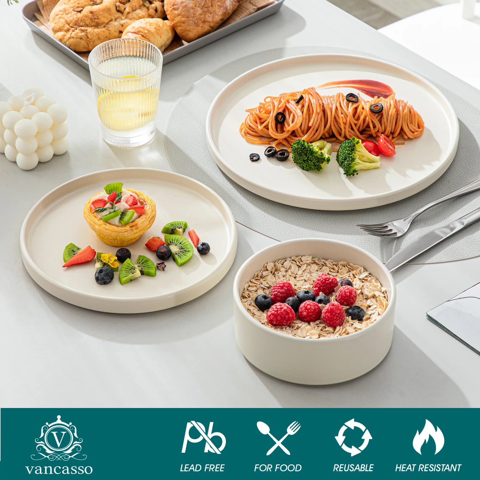 vancasso 12/24 Piece CREAM WHITE Stoneware Tableware Set Dinner Plates Set with Dinner/Dessert Plate/Bowl Dinnerware Sets