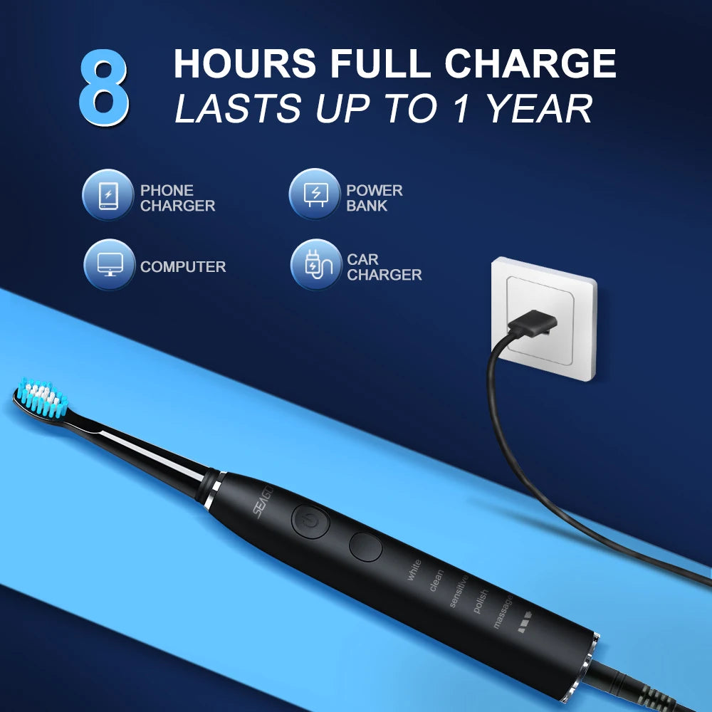 Seago Electric Toothbrush Sonic Toothbrush Once Charge Last about 300 Days 5 Modes 5 Toothbrush Heads 1 Travel Box Teeth Clean