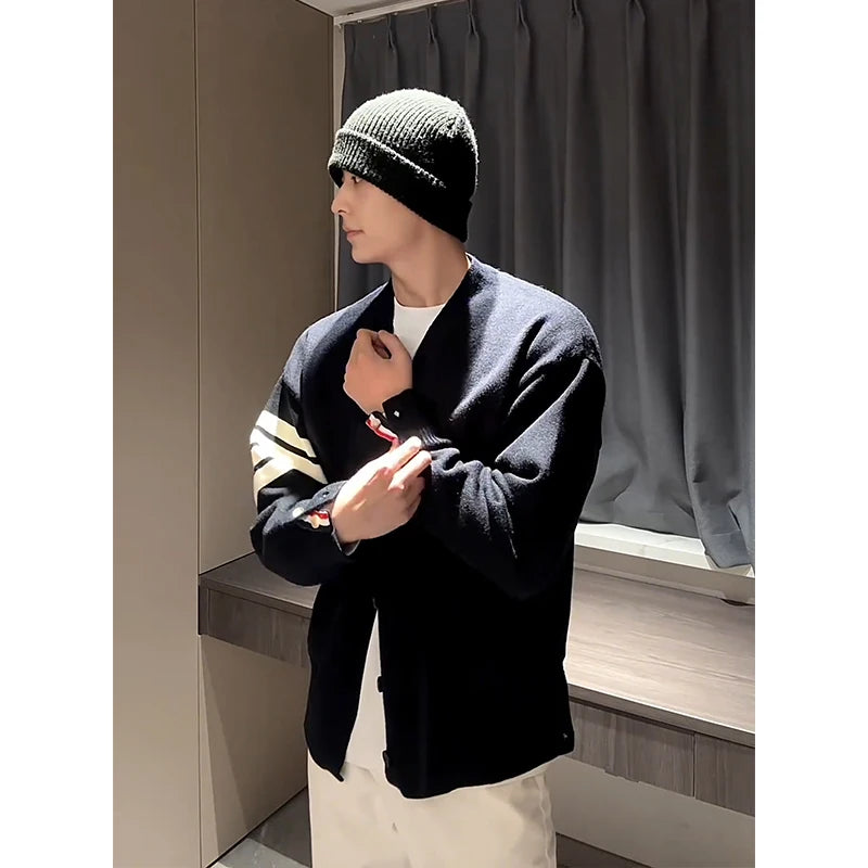 ay Striped Knit Cardigan Spring Autumn Men's V-Ne Sweater Casual Loose Fit Long Sve Polyester Fiber Faionable