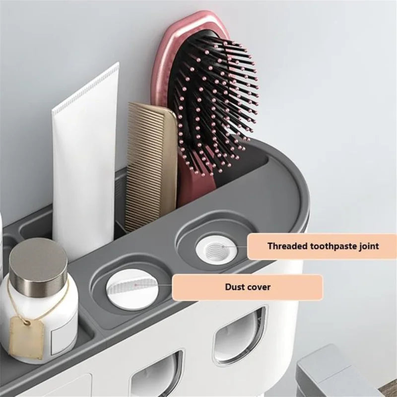 Automatic Toothpaste Dispenser Magnetic Toothbrush 2 Cups Holder 6 Toothbrush Hocks (2 Dispenser 2 Cups)