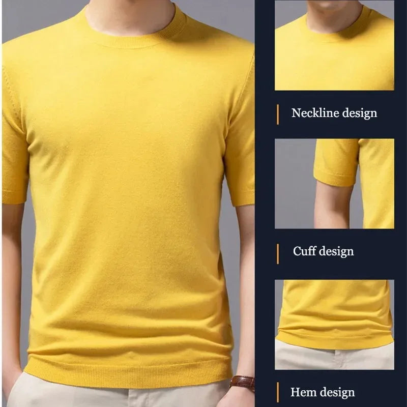 Men's Superfine Merino Wool T Shirt Knitted O-neck Breathable Thin Cashmer Short Sleeve Tee Solid Color Knitting Jumpers Tops