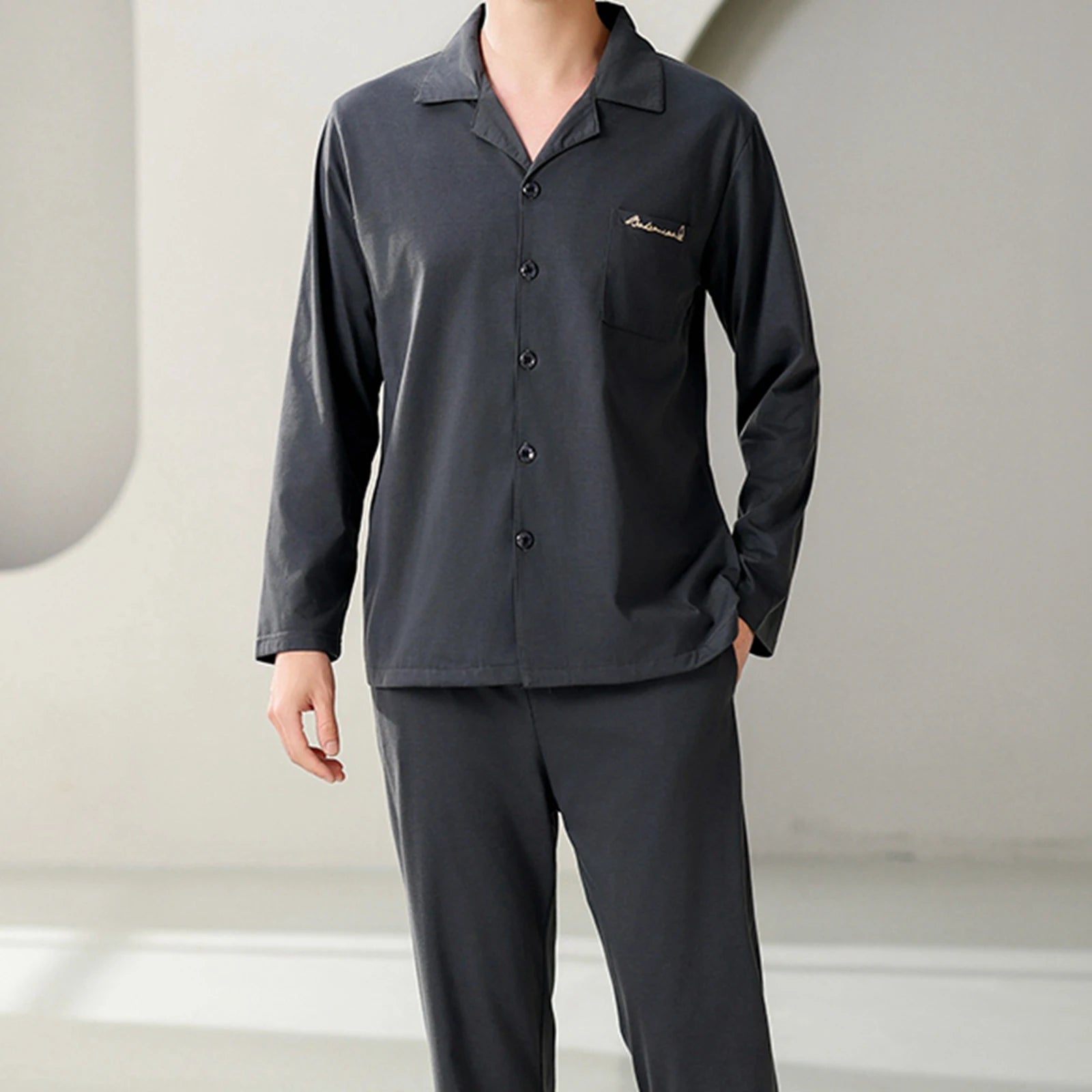 Classic Black Mens Pajamas Spring Autumn Cotton Pyjamas Collared Neck with Notched Lapels Long Sleeves Button Placket Sleepwear