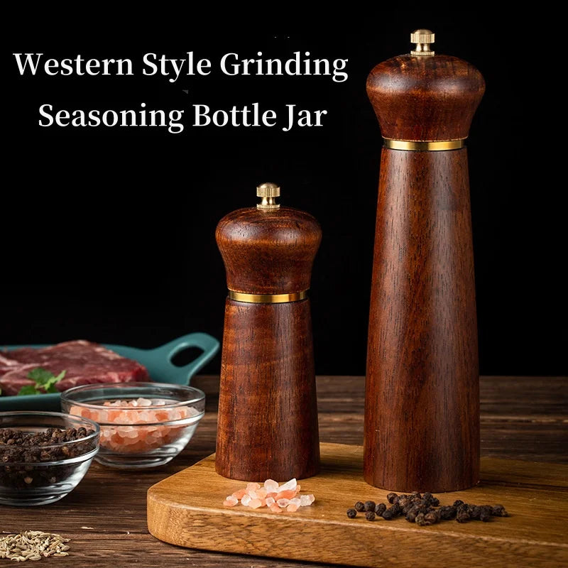 Oak Wooden Salt Pepper Mill with Base Set,Antique Western Style Pepper Grinding Tool,Ceramic Core,Salt Spice Shaker,8Inch, 5Inch