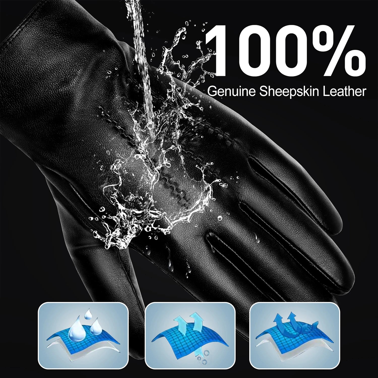 BISON DENIM Sheepskin Leather Gloves for Men Winter Warm Cashmere Lined Touchscreen Sport Gloves for Running Cycling Ski Driving