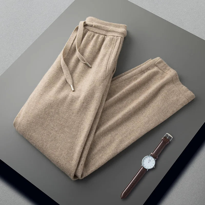 100% Cashmere Sweater Men's Knitted POLO Collar Pullover Casual High Waisted Knitted Straight Leg Pants Winter Warm Menswear