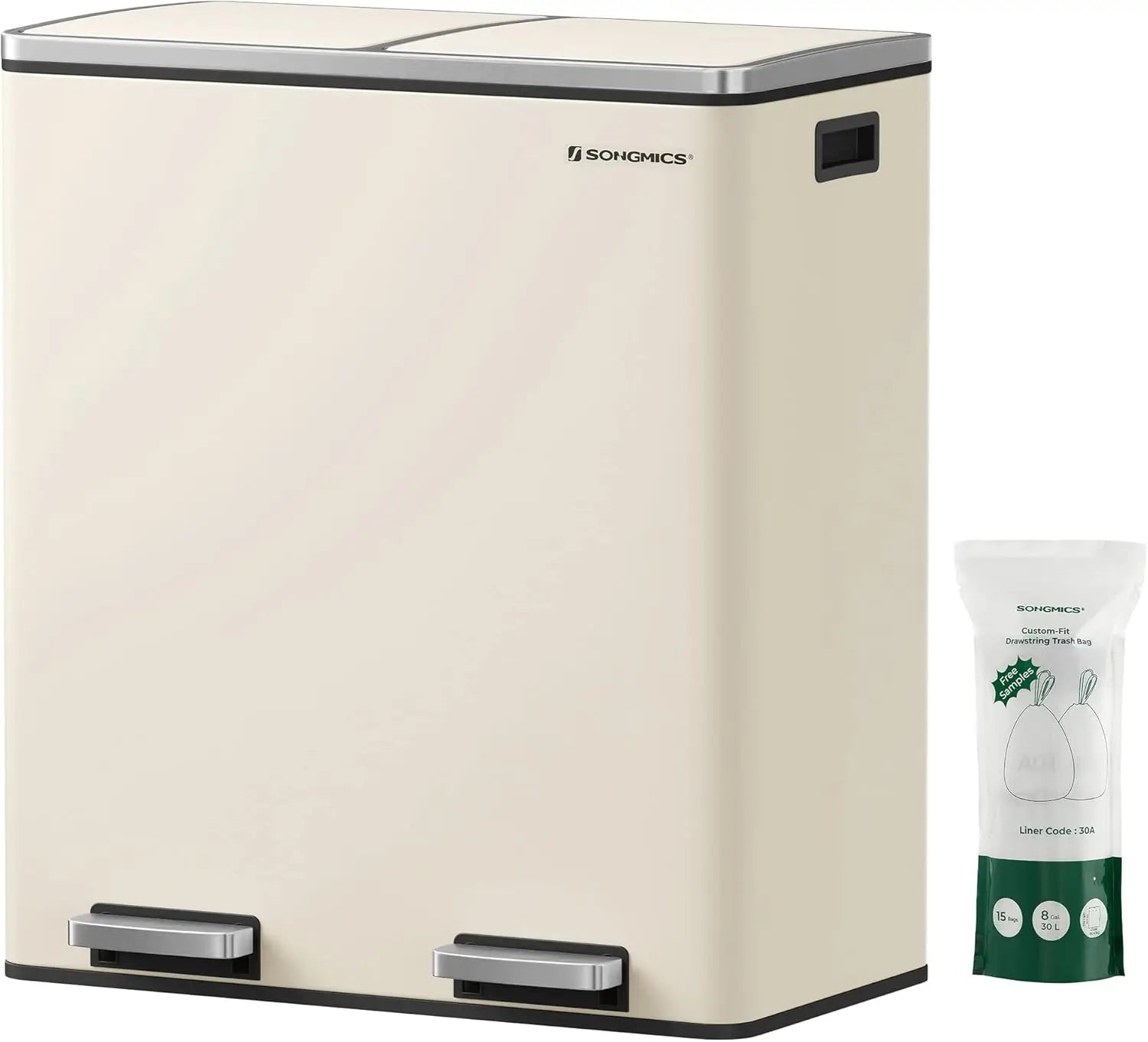 SONGMICS Double Compartment 2 x 30 L Rubbish Bin with 15 Bin Bags, Metal Foot Pedals, 2 Internal Plastic Buckets, Lids