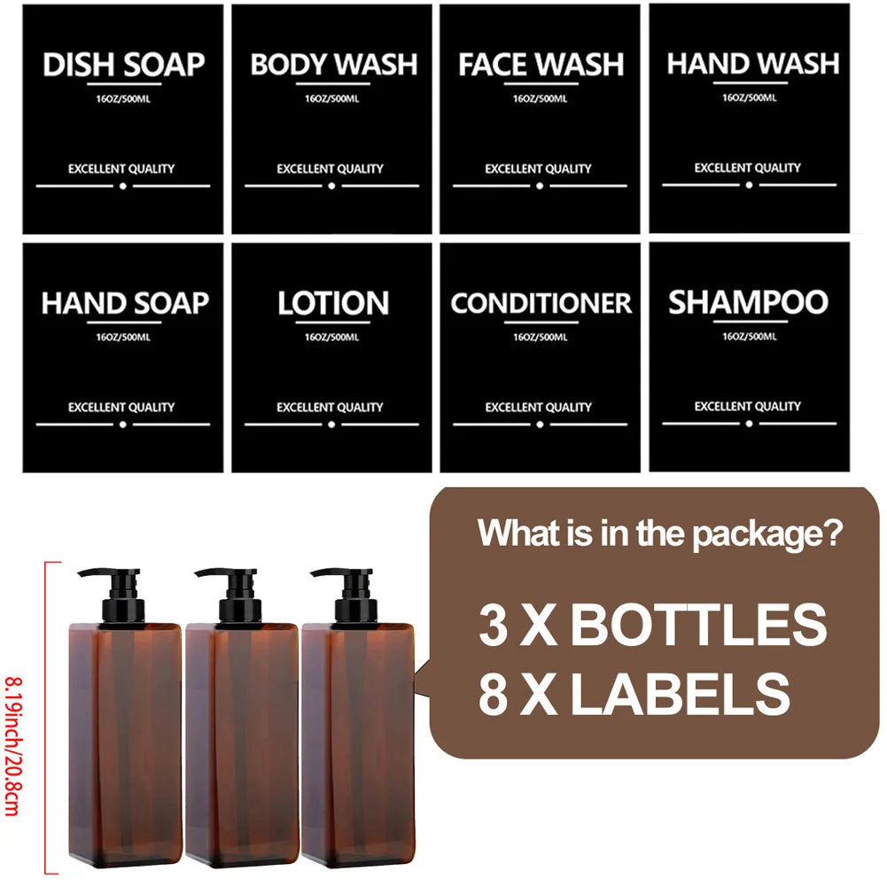 3PCS 500ml Square Soap Dispenser Waterproof Labels Refillable Empty Bottle Hand Soap Liquid Lotion Shampoo Conditioner Container