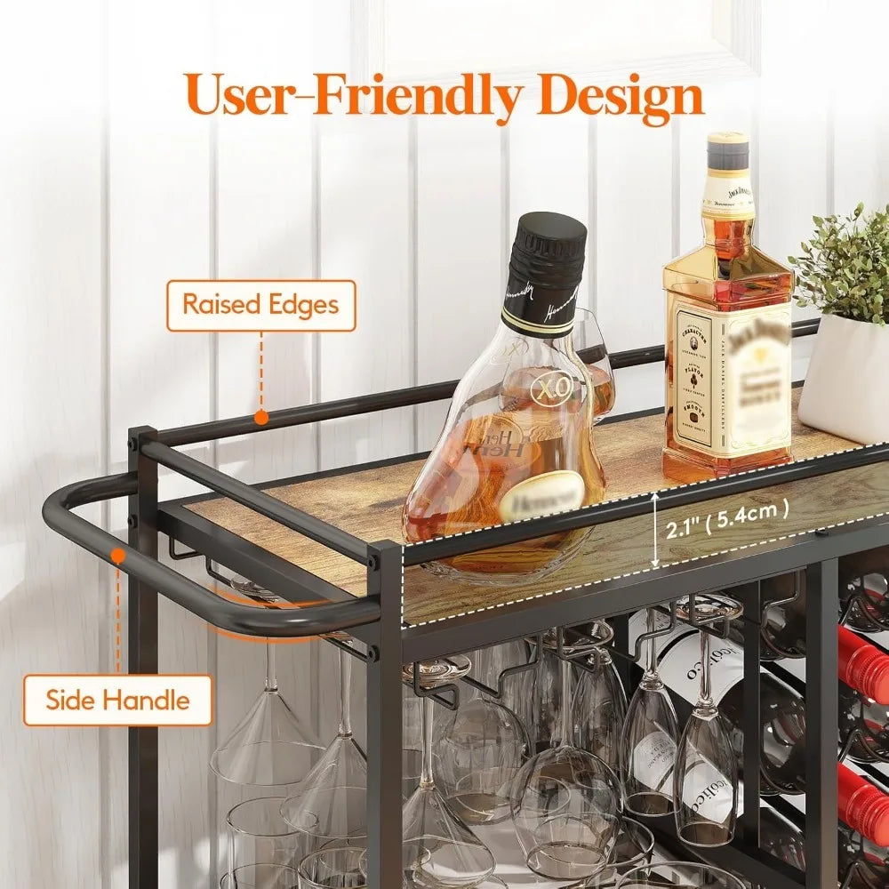 Drink Trolley, 3 Tier Bar Cart with Lockable Wheels, 12 Wine Rack and 3 Rows Glass Holders, Serving Alcohol Trolley, Wine Rack