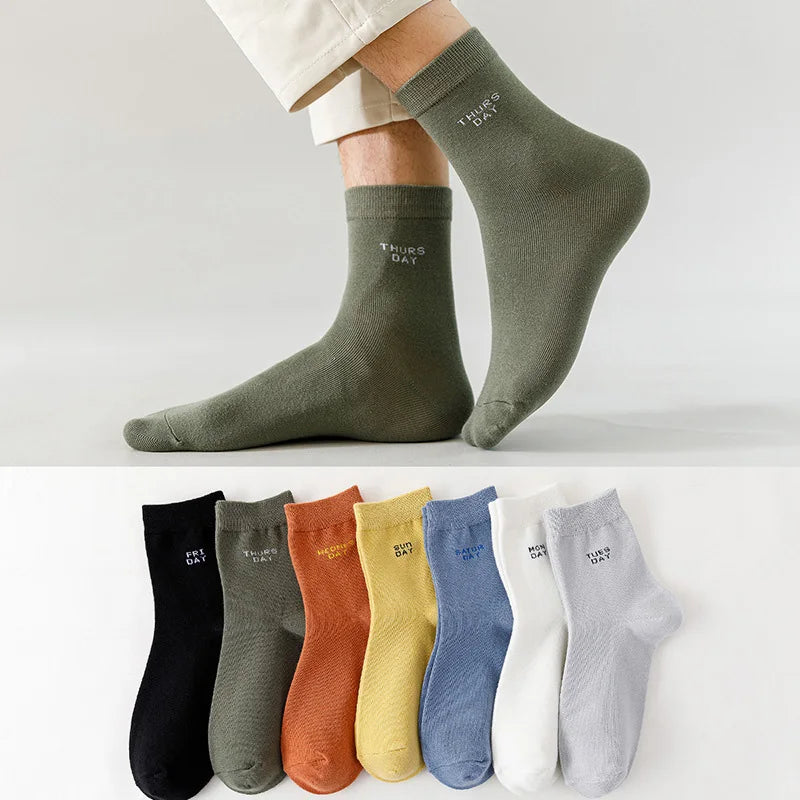 7 Pairs/Set Monday To Sunday 7 Days Embroidery Weekly Socks Couple Cotton Casual Socks Women Men Fashion Japanese Style Mid Sock
