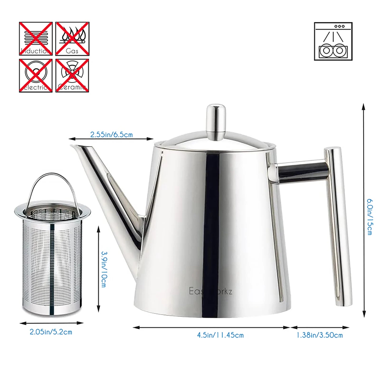 Easyworkz Stainless Steel Double Wall Tea Pot with Removable Tea Infuser, Perfect for Brewing Your Favorite Tea, Chrome