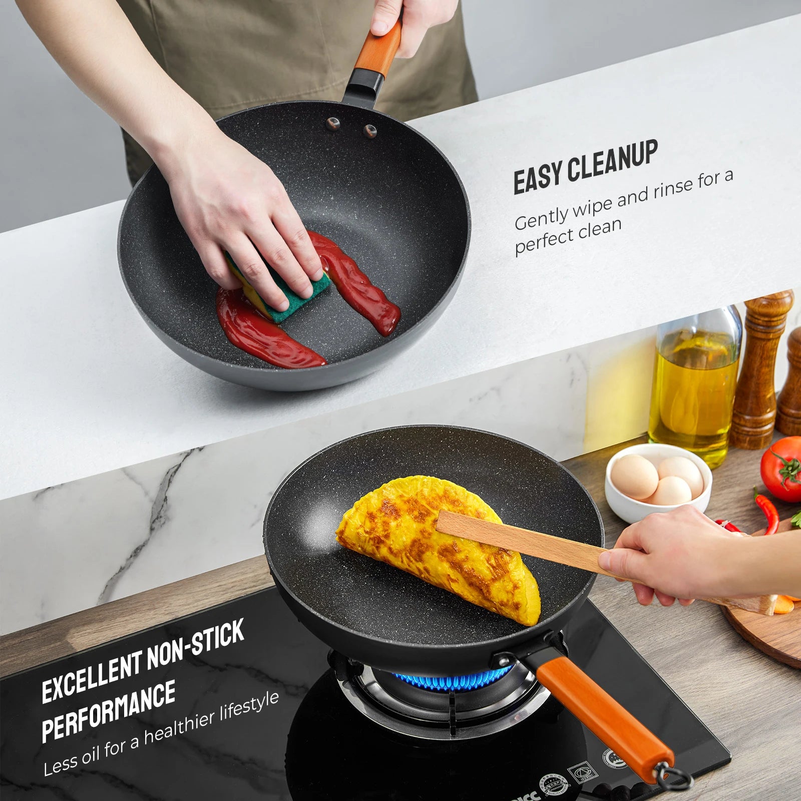 Induction Wok Pan Nonstick, Stir-Fry Wok 30cm with Wooden Handle, Flat Bottom, Suitable for All Hobs, Granite