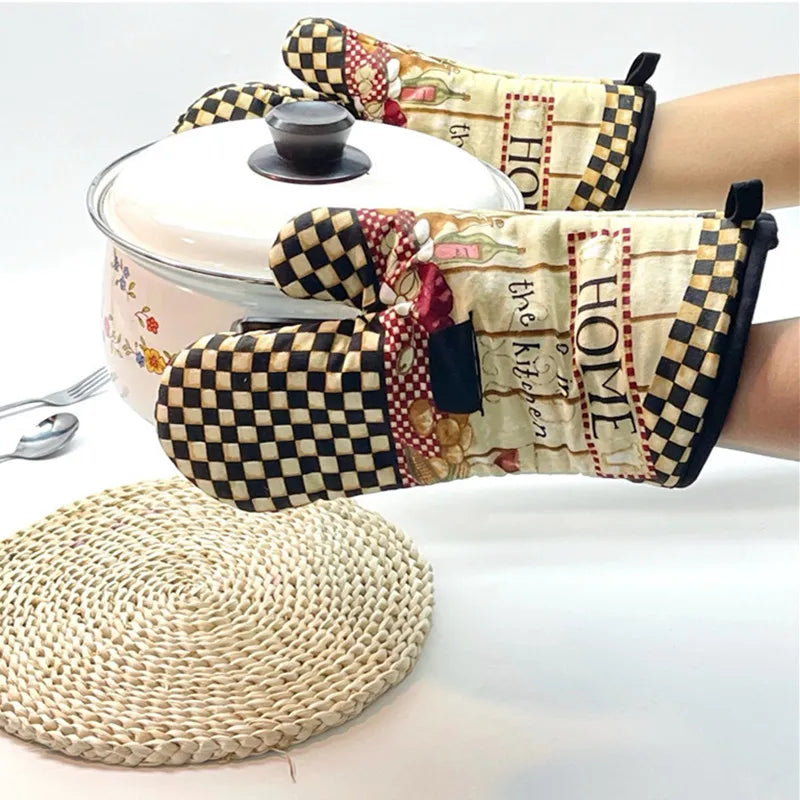 2Pcs 17x33cm Cotton Vintage Printed Oven Mitts Baking Gloves Pad Microwave Insulation Kitchen Tool Party Gift