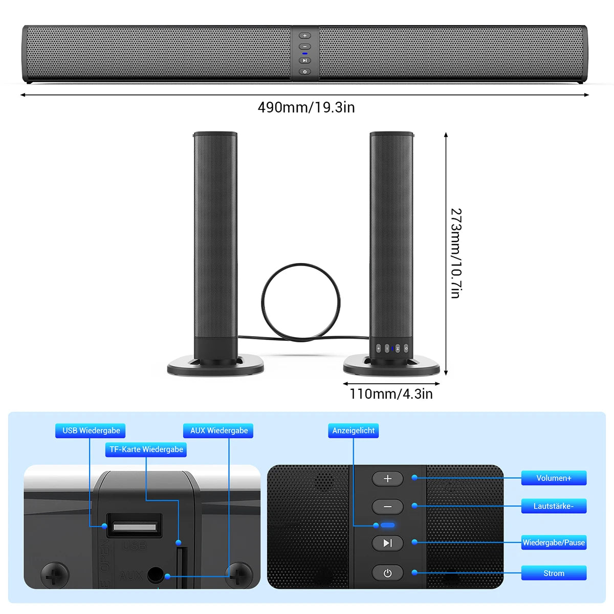 Detachable Soundbar 3D Sound Blaster Bar Audio TV PC Computer Subwoofer Wireless Home Theater Speaker