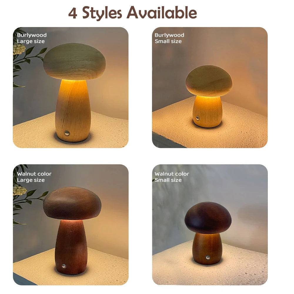 INS Wooden Creative Mushroom Night Light Stepless Dimming Bedside Table Lamp 3 Color Rechargeable Sleeping Nightlights For Room