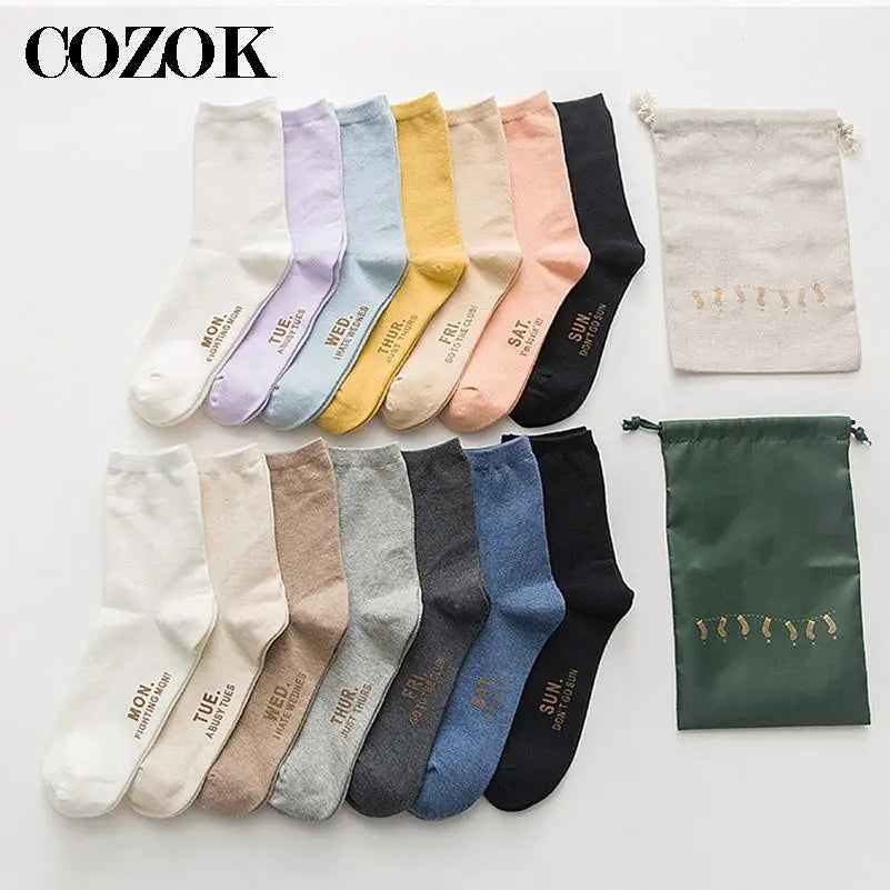 7 Pairs/Set Monday To Sunday 7 Days Embroidery Weekly Socks Couple Cotton Casual Socks Women Men Fashion Japanese Style Mid Sock