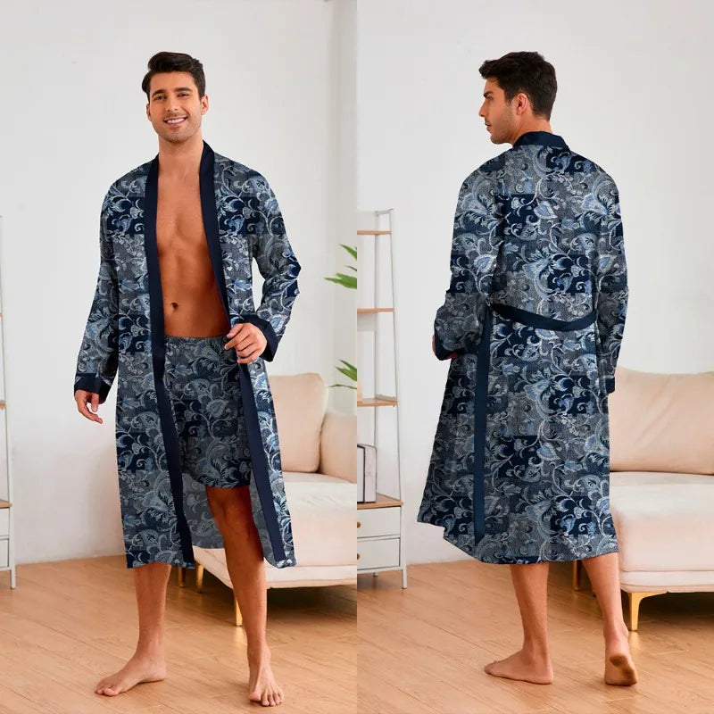 Fashion Design Pajamas Suit Men New Paisley Printed Nightgowns Long-sleeved Shorts Bathrobe Male Soft Ice silk Satin Nightwear