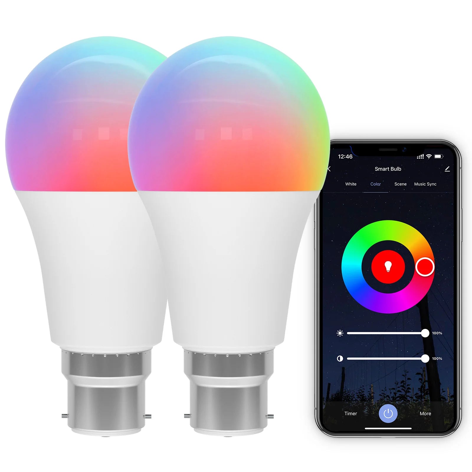 2pcs Smart Light Bulb B22 Bayonet 220V Colour Changing Light Compatible with Echo Alexa Google Home 9W RGBCW Bluetooth WiFi