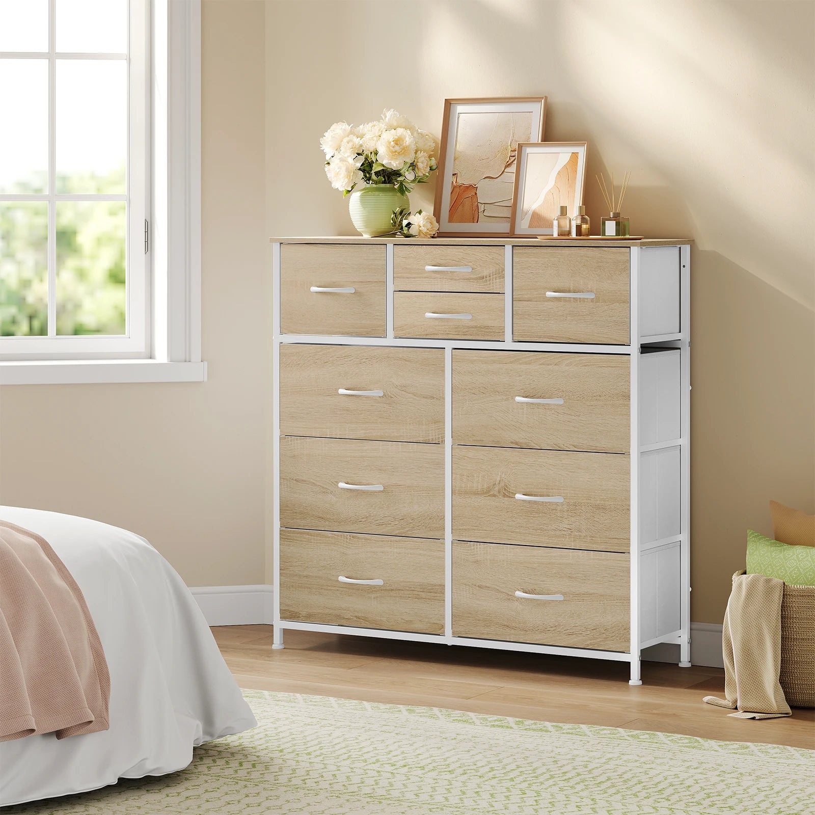 Fabric Chest of Drawers Sideboard Metal Frame Living Room Dresser Industrial Style Storage for Bedroom Hallway Cabinet Home