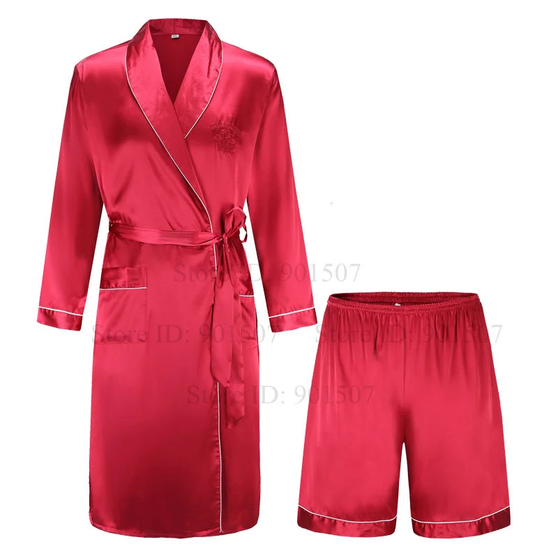 Men Homewear Leisure Sleeprobes Satin Robe Summer Spring Nightwear Male Casual Kimono Bathrobe Ice Silk Sleepwear Nightgown