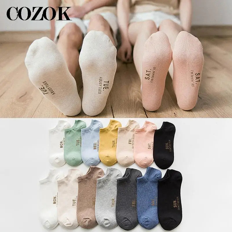 7 Pairs/Set Monday To Sunday 7 Days Embroidery Weekly Socks Couple Cotton Casual Socks Women Men Fashion Japanese Style Mid Sock