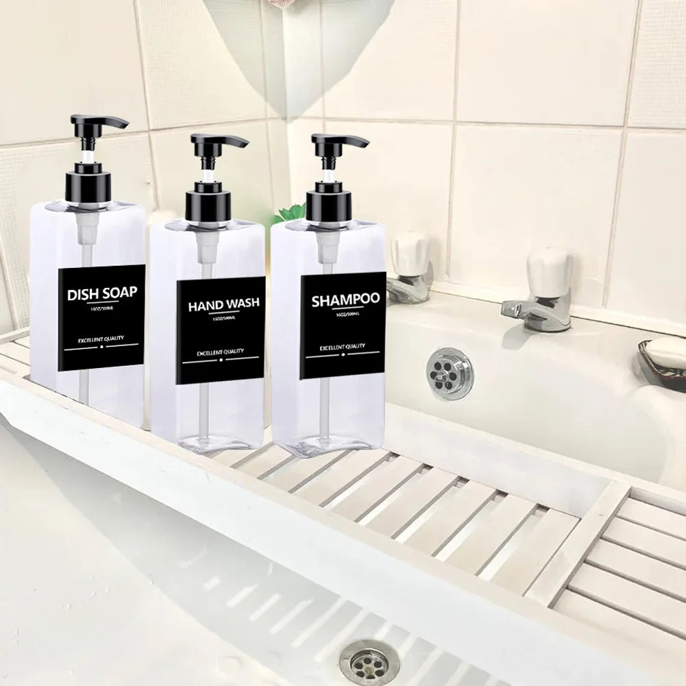 3PCS 500ml Square Soap Dispenser Waterproof Labels Refillable Empty Bottle Hand Soap Liquid Lotion Shampoo Conditioner Container