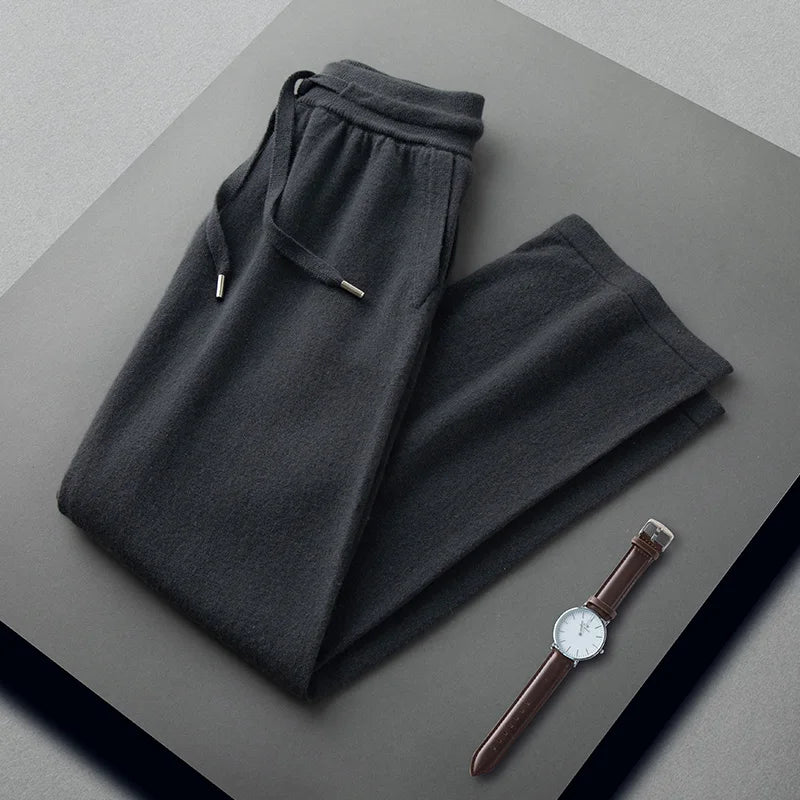 100% Cashmere Sweater Men's Knitted POLO Collar Pullover Casual High Waisted Knitted Straight Leg Pants Winter Warm Menswear