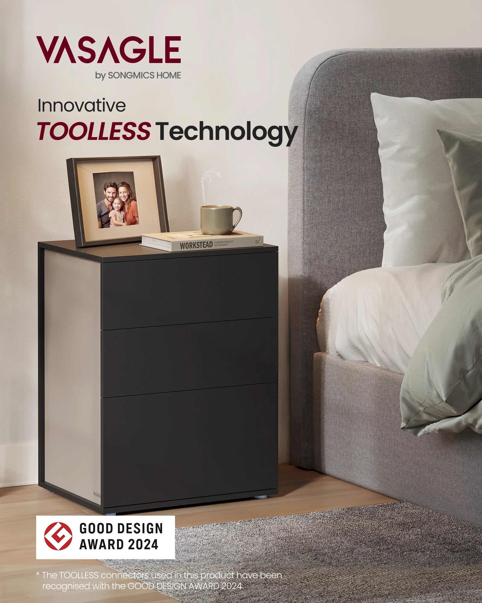 VASAGLE Bedside Table, Superfast Toolless Assembly, Nightstand with 3 Storage Drawers, Side Table, Modern Minimalist