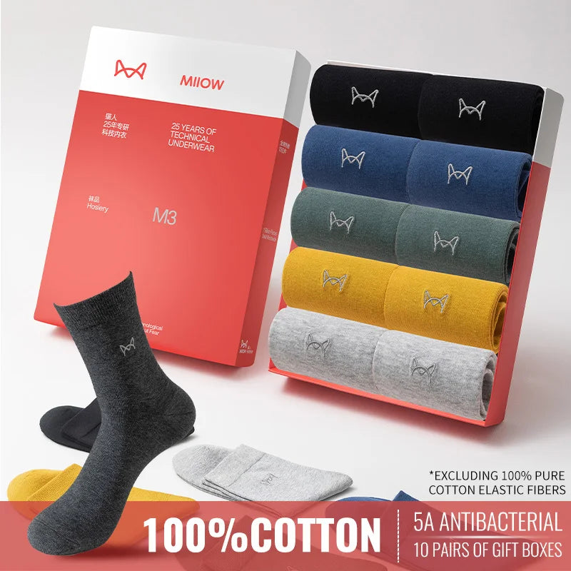MiiOW 100% Pure Cotton Socks Men Business Dress Long Sock Antibacterial Anti Odor Crew Socks Solid Color Breathable Sport Sock
