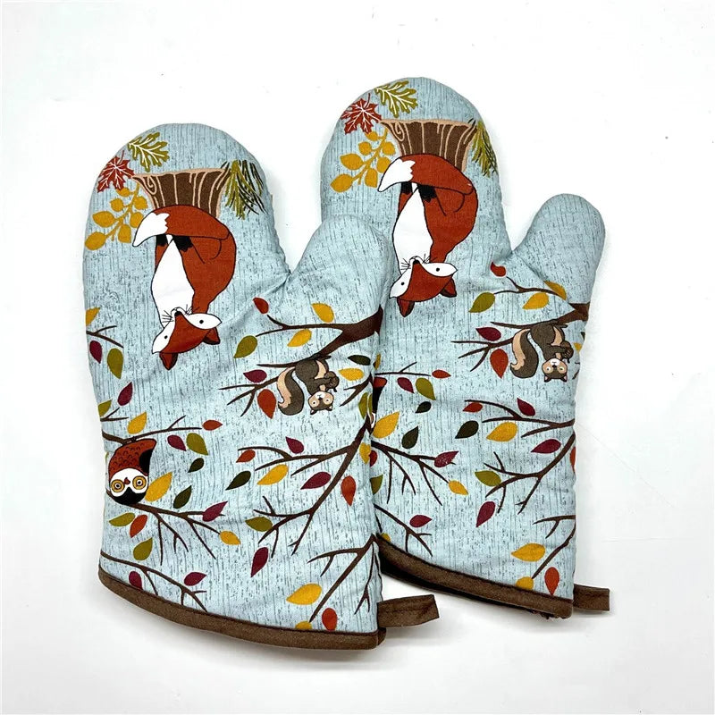 2Pcs 17x33cm Cotton Vintage Printed Oven Mitts Baking Gloves Pad Microwave Insulation Kitchen Tool Party Gift