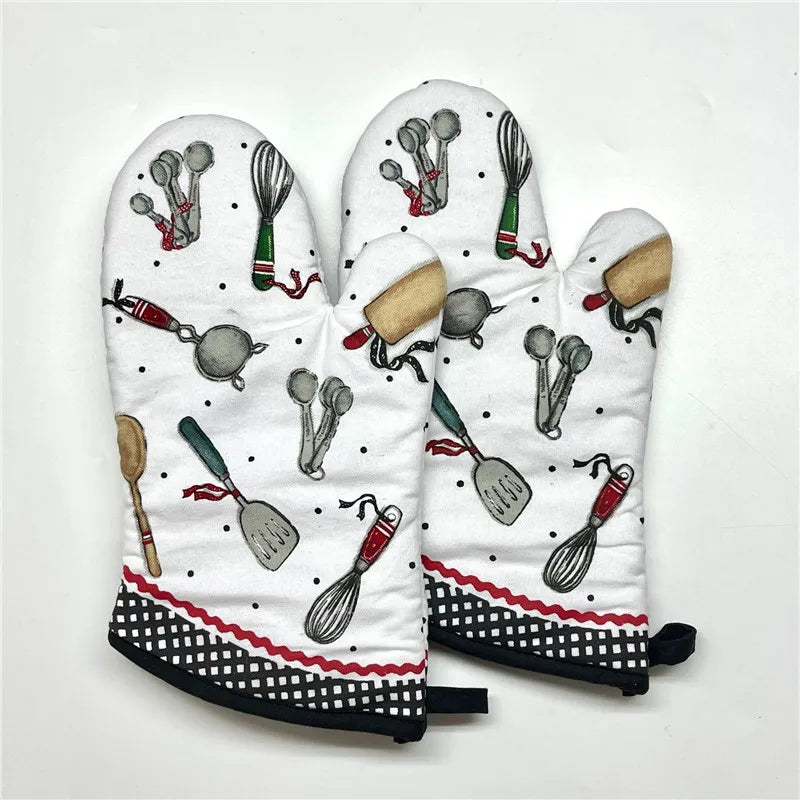 2Pcs 17x33cm Cotton Vintage Printed Oven Mitts Baking Gloves Pad Microwave Insulation Kitchen Tool Party Gift