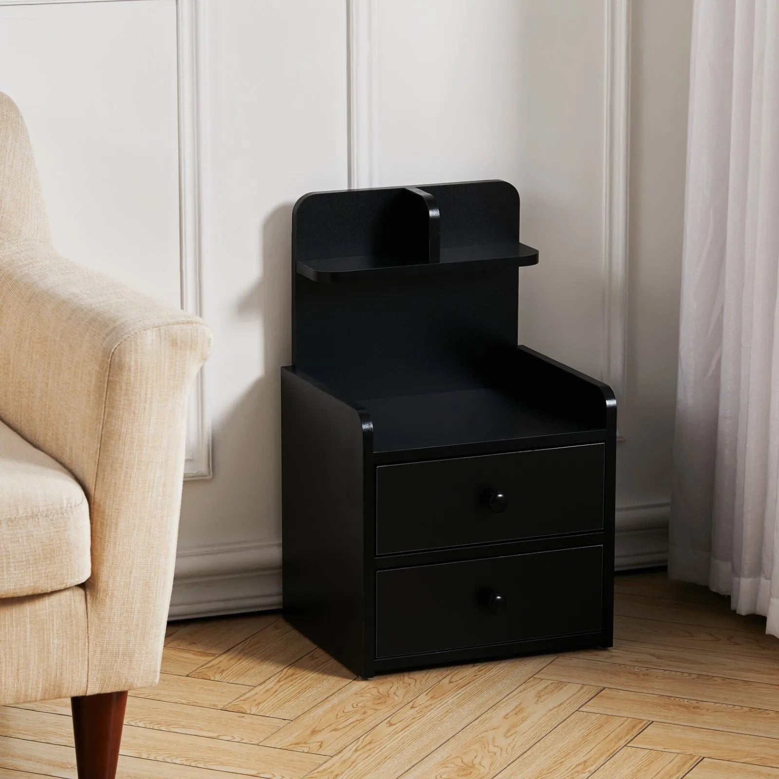 Haodirect Modern Black Double Drawer Nightstand with Shelves Wooden Bedroom Drawer Chest