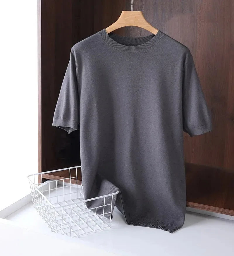 Men's Superfine Merino Wool T Shirt Knitted O-neck Breathable Thin Cashmer Short Sleeve Tee Solid Color Knitting Jumpers Tops