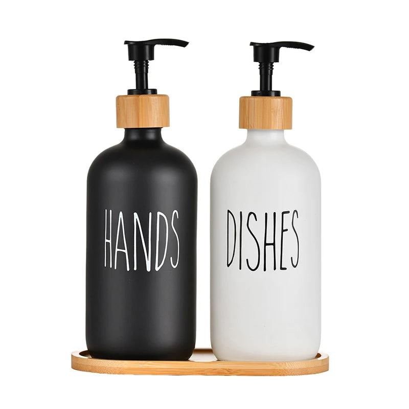 500ml Hand Dish Soap Dispenser Set With Bamboo Tray Refillable Plastic Bottle Shampoo Shower Gel Lotion Liquid Empty Container